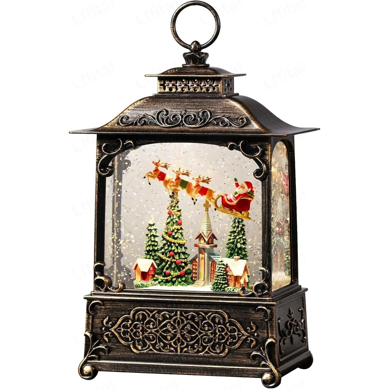 Lighted Christmas Snow Globe Lantern with Music Timer Glitter Santa Claus Reindeer Indoor Home Decor USB & Battery Operated 10.4 inch