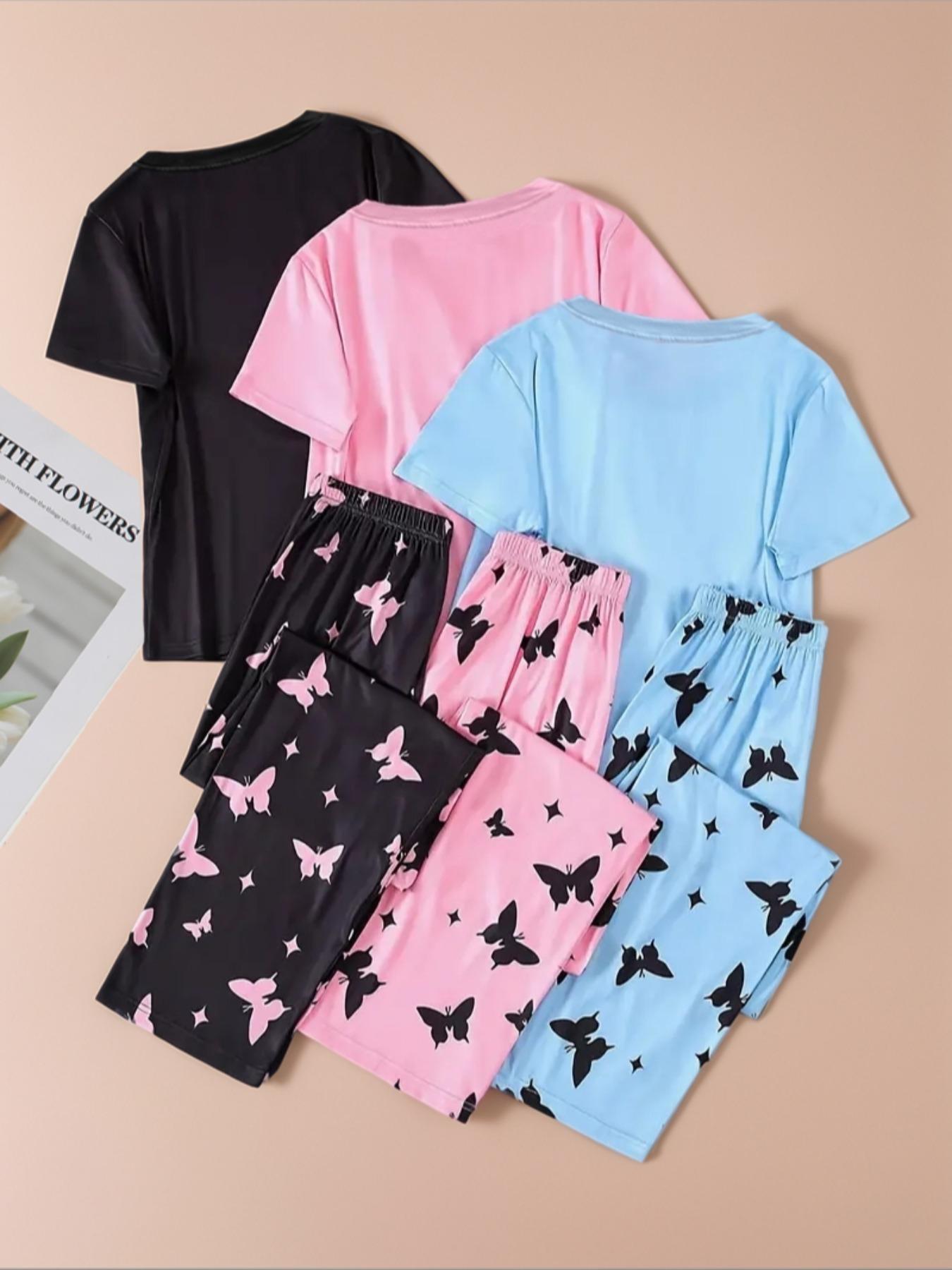 6 Counts Women's Heart & Butterfly Print Pyjama Set, Short Sleeve Tee & Elastic Waist Pants Loungewear Set, Women Cute Nightwear, All Seasons Nightwear, PJ Sets for Women, Casual Sleepwear Loungewear, Love Print Sleepwear, Summer Outfits 2024 6 Counts Women's Heart & Butterfly Print Pyjama Set, Short Sleeve Tee & Elastic Waist Pants Loungewear Set, Women Cute Nightwear, All Seasons Nightwear, PJ Sets for Women, Casual Sleepwear Loungewear, Love Print Sleepwear, Summer Outfits 2024