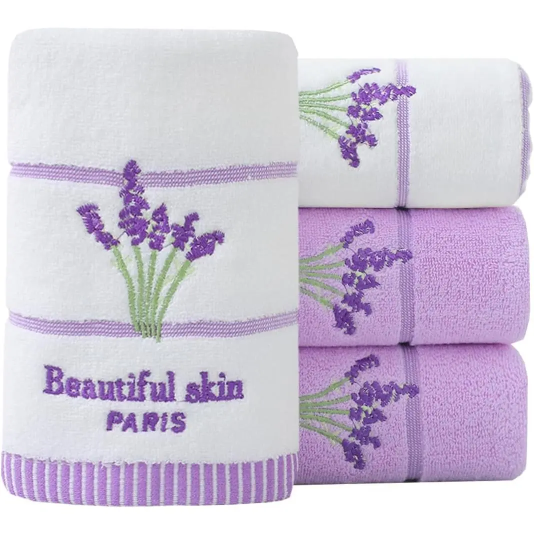 Hand Towels Set of 4 Lavender Floral Pattern 100% Cotton Soft Absorbent Decorative Towels  Bathroom (2 White 2 Purple)