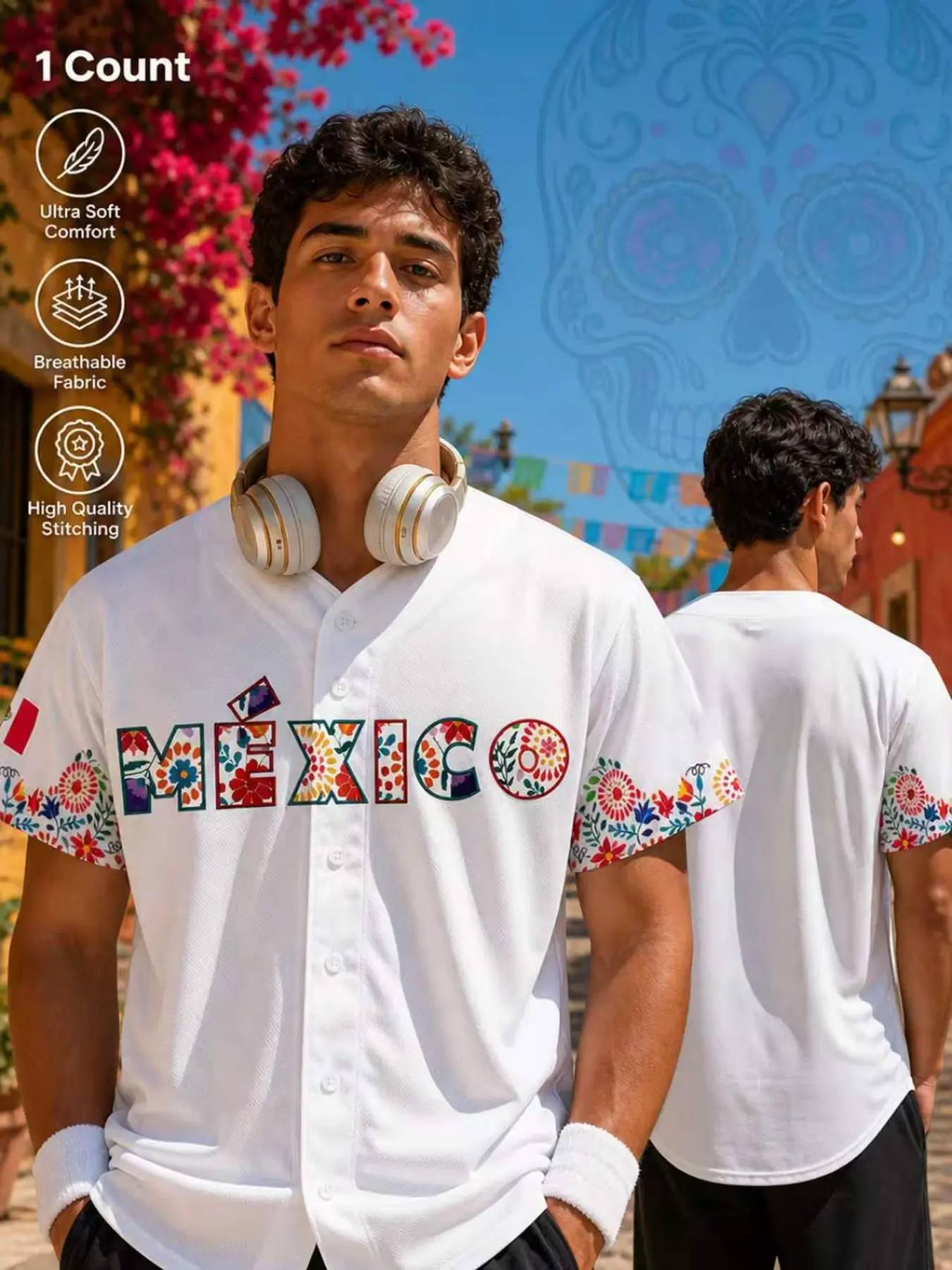 Mexico Floral Baseball Jersey Casual Short Sleeve Button Down Shirt For Sports & Daily Wear