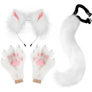 Fox Wolf Ears Headband Furry Tail Plush Cat Paw Mittens Gloves Set Halloween Party Costumes Accessories