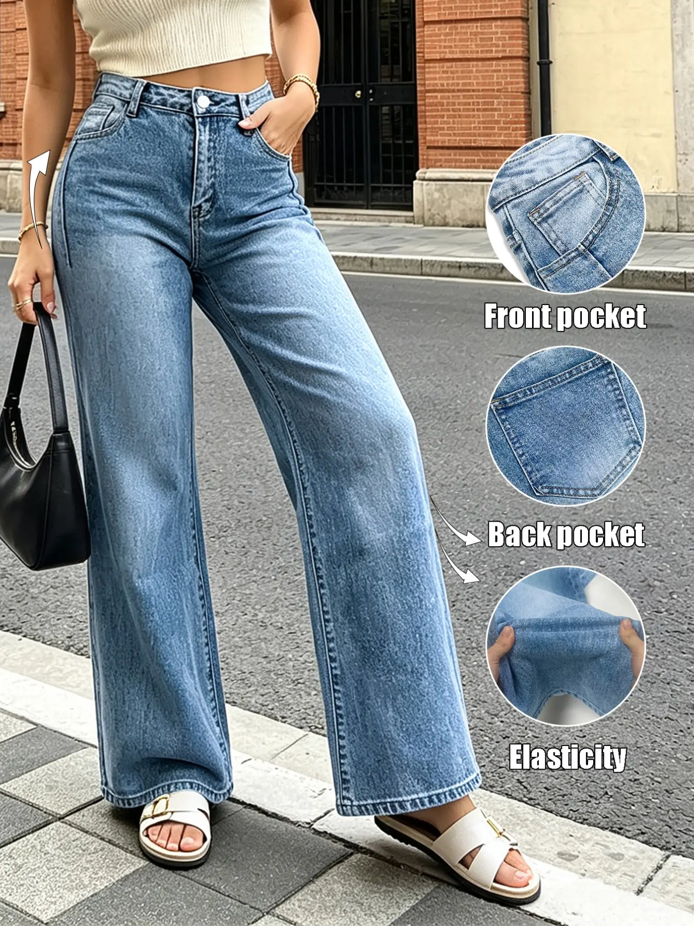 Women's Spring & Fall Loose-Fit Jeans, Washed Blue Pleated Design, Comfortable Stretch Streetwear, Casual Daily Wear