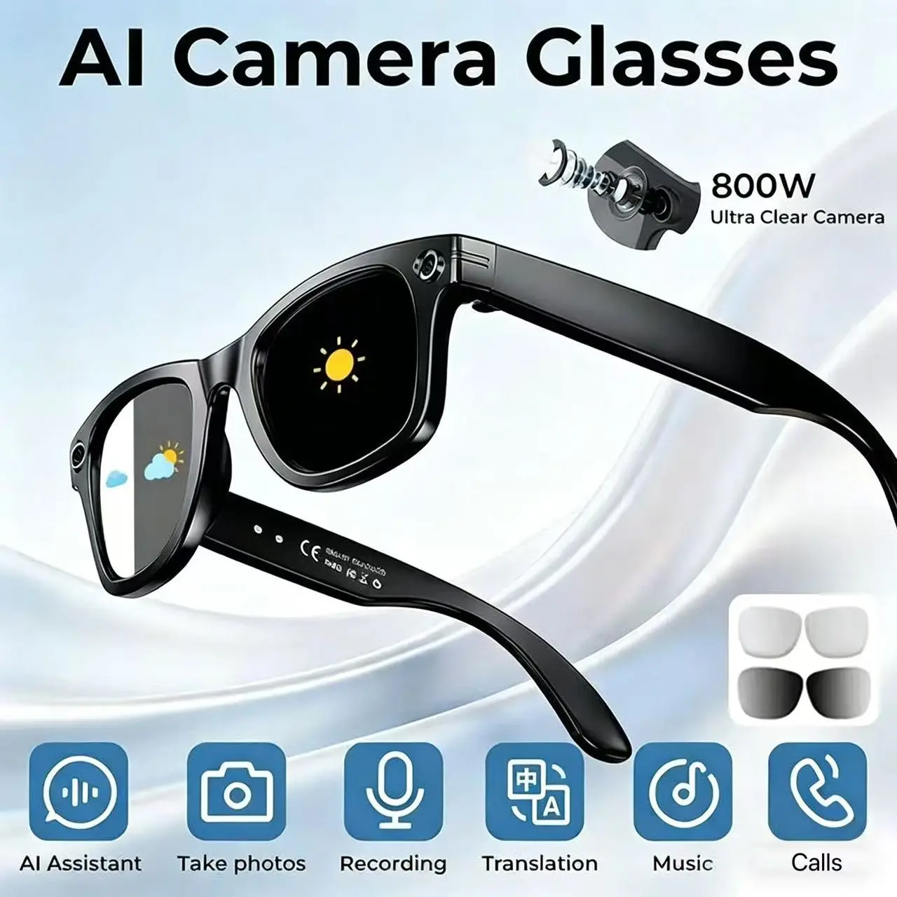 Ai Smart Glasses with Camera, 8mp Photo, 1080P Video, Open Ear Audio, Photo Recognition, Lightweight, Unisex, Light-Change Lenses