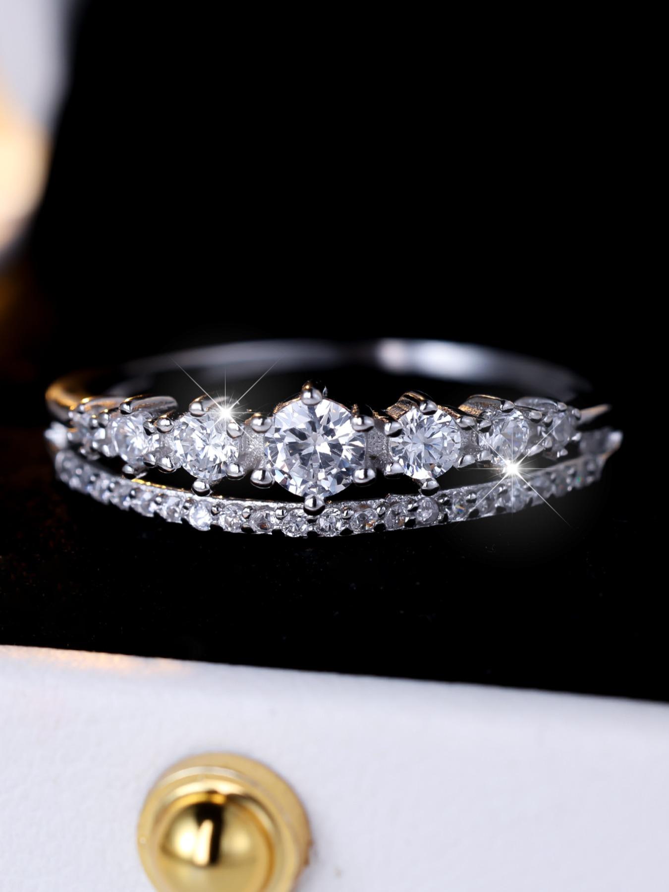 S925 Sterling Silver Elegant Double Row Ring, Fashion Promise Ring, Wedding Engagement Ring for Women & Girls, Trendy All-match & Exquisite Jewelry for Birthday Gift, with Box