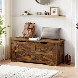 Farmhouse Wooden Storage Bench with Safety Hinged Lid, 39.4 Inch Large Capacity Chest for Shoes Blankets and Home Decor, Entryway Organizer Available in Greige White and Rustic Brown