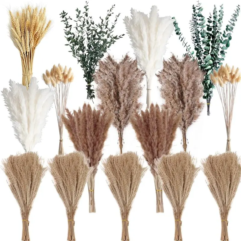 355PCS Dried Pampas Grass Bouquet Set – Dried Eucalyptus, Brown Pampas Grass & White Pampas Grass for Boho Baby Shower Decorations, Boho Wedding Decor, Pampas Grass Wall Decor, Home Decorations Modern