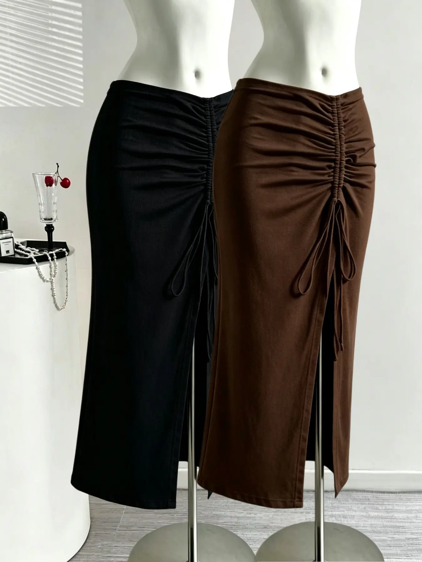 Pure Desire Style Pleated Drawstring Midi Dress, Slimming Side Slit Butt Lift Knitted Elastic One-Piece Skirt, Fashionable Women's Clothing