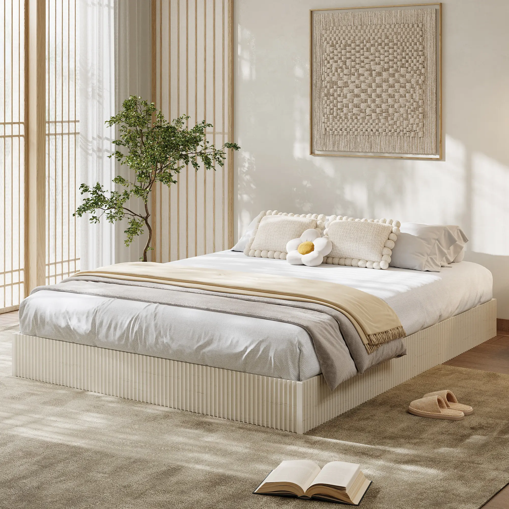 Modern Fluted Platform Bed Frame – Noise-Free, No Box Spring | Twin to Cal King, MDF & Metal | Low Profile, Sturdy Slats | Wave Textured Headboard | Natural/Walnut/Cream | Easy Assembly | Bedroom Furniture | Quiet Sleep Support