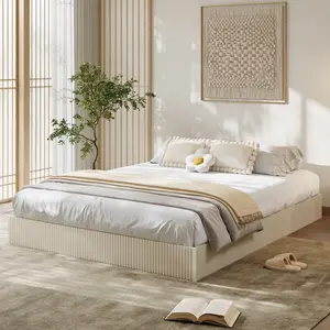 Modern Fluted Platform Bed Frame – Noise-Free, No Box Spring | Twin to Cal King, MDF & Metal | Low Profile, Sturdy Slats | Wave Textured Headboard | Natural/Walnut/Cream | Easy Assembly | Bedroom Furniture | Quiet Sleep Support
