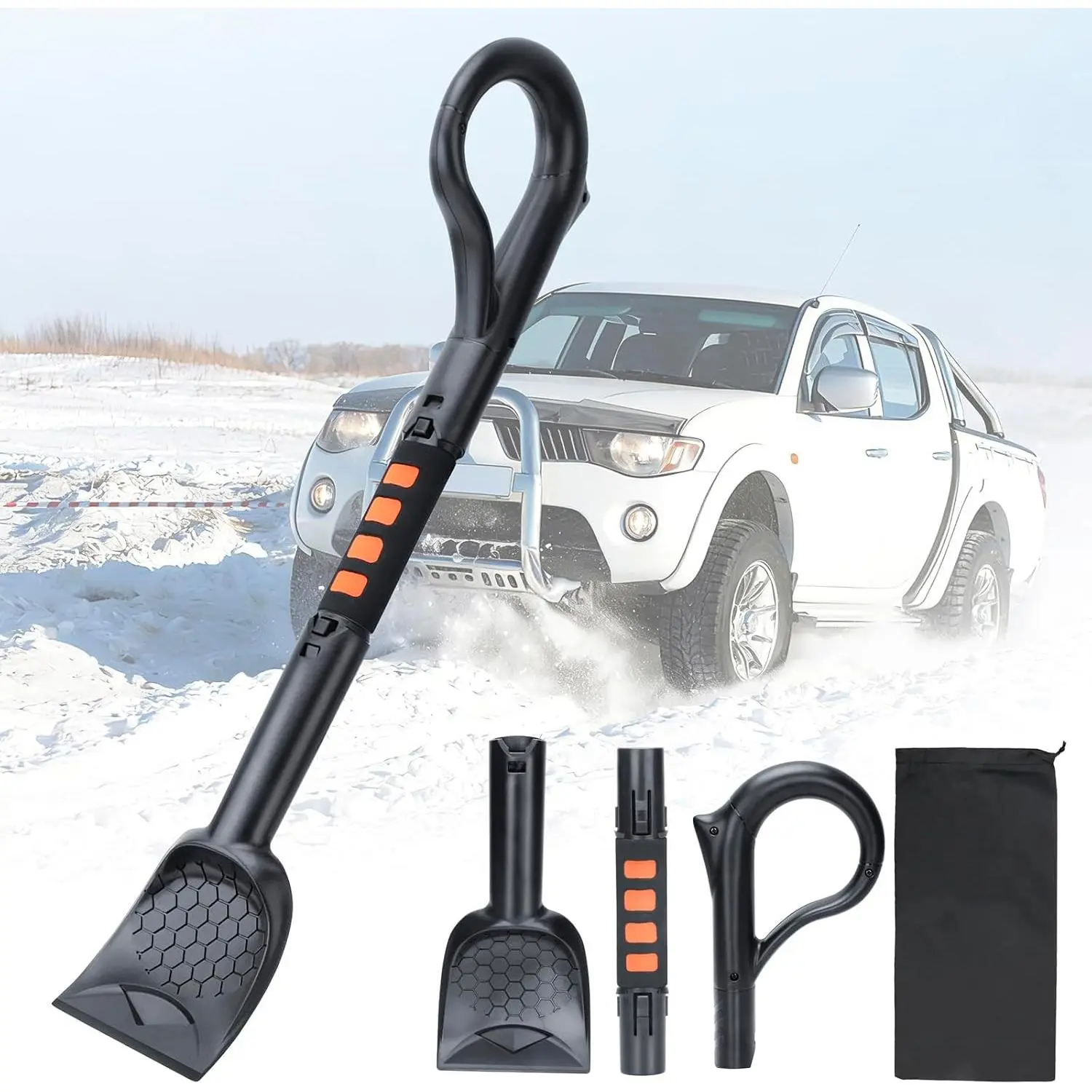 25.8'' Larger 3-in-1 Ice Scraper for Car Windshield, Indestructible Frost Ice Remover Detachable Emergency Snow Shovel with Foam Grip for Small Cars Trucks SUVs