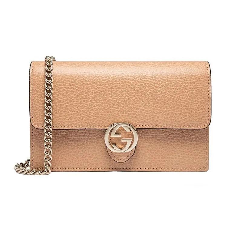 Gucci Double G Logo Chevron-Grain Leather Messenger Bag for Women in Beige