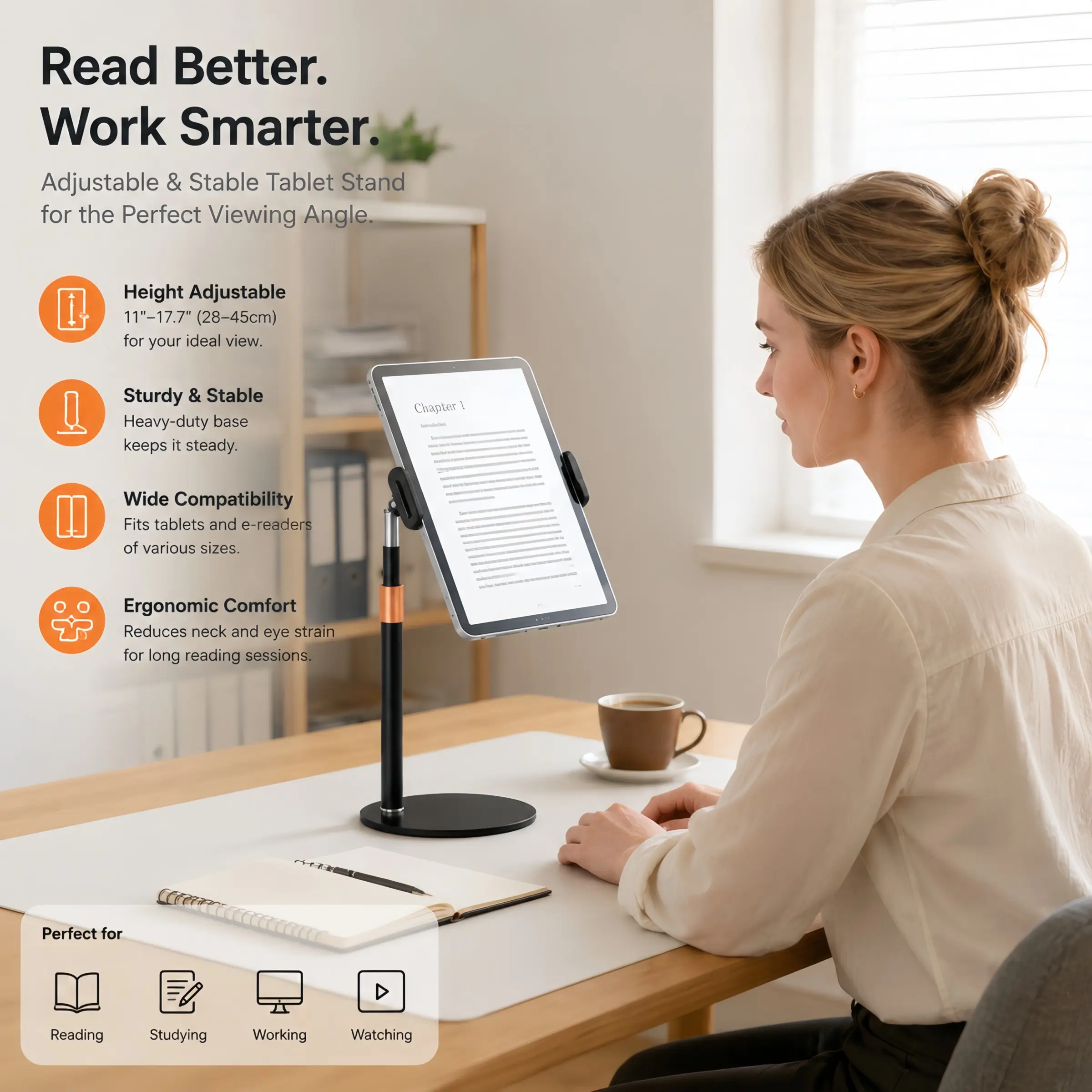 Adjustable Metal Phone Tablet Stand, 360° Rotating Desktop Holder, Non-Slip Base, Extendable Installation, Compatible with iPhone, iPad, Smartphones, Tablets