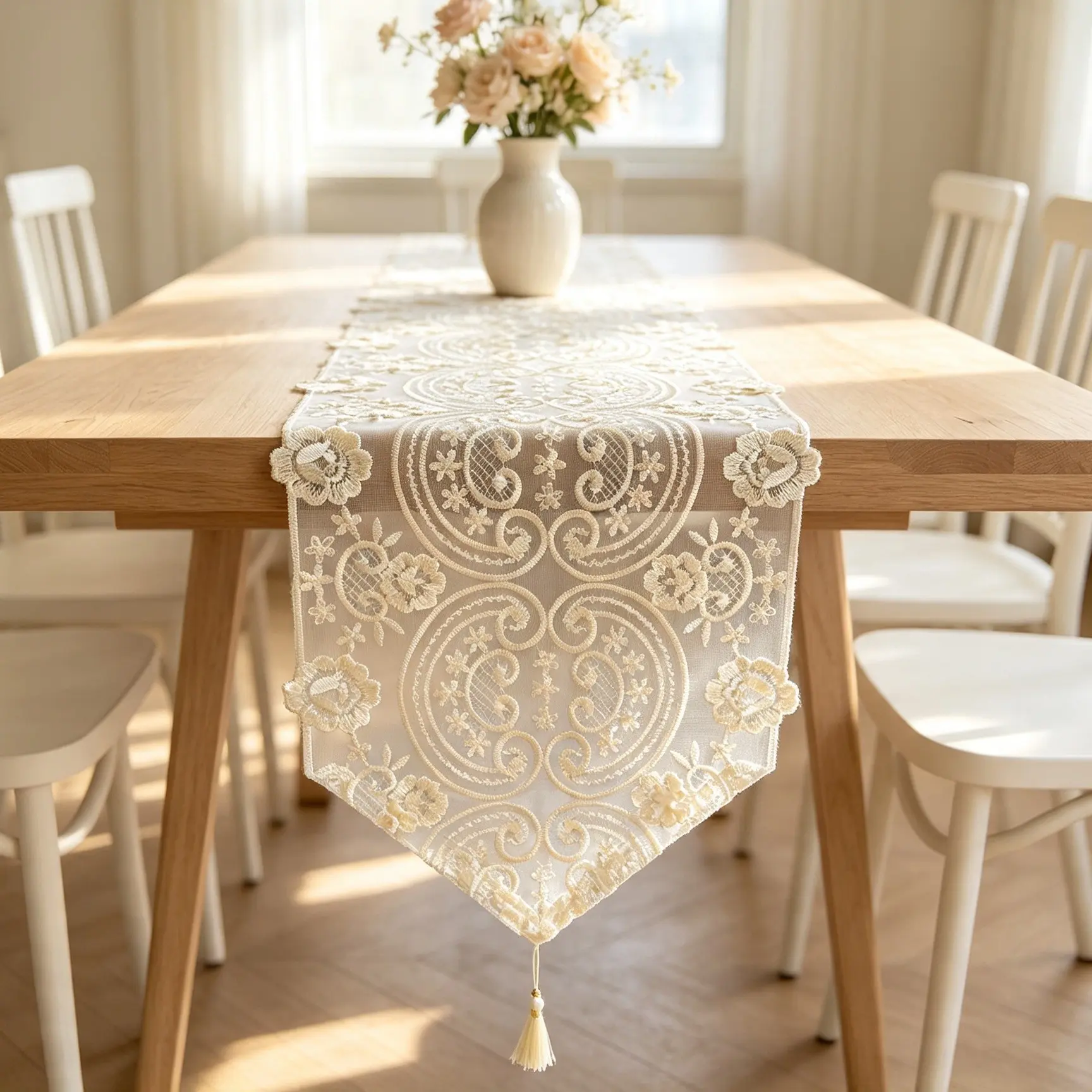 French Lace Embroidered Table Runner, Luxury 3D Floral Decorative Tablecloth, American Country Dining Corner Fringe Table Runner, Entryway Side Cabinet Tea Table Decor Fabric