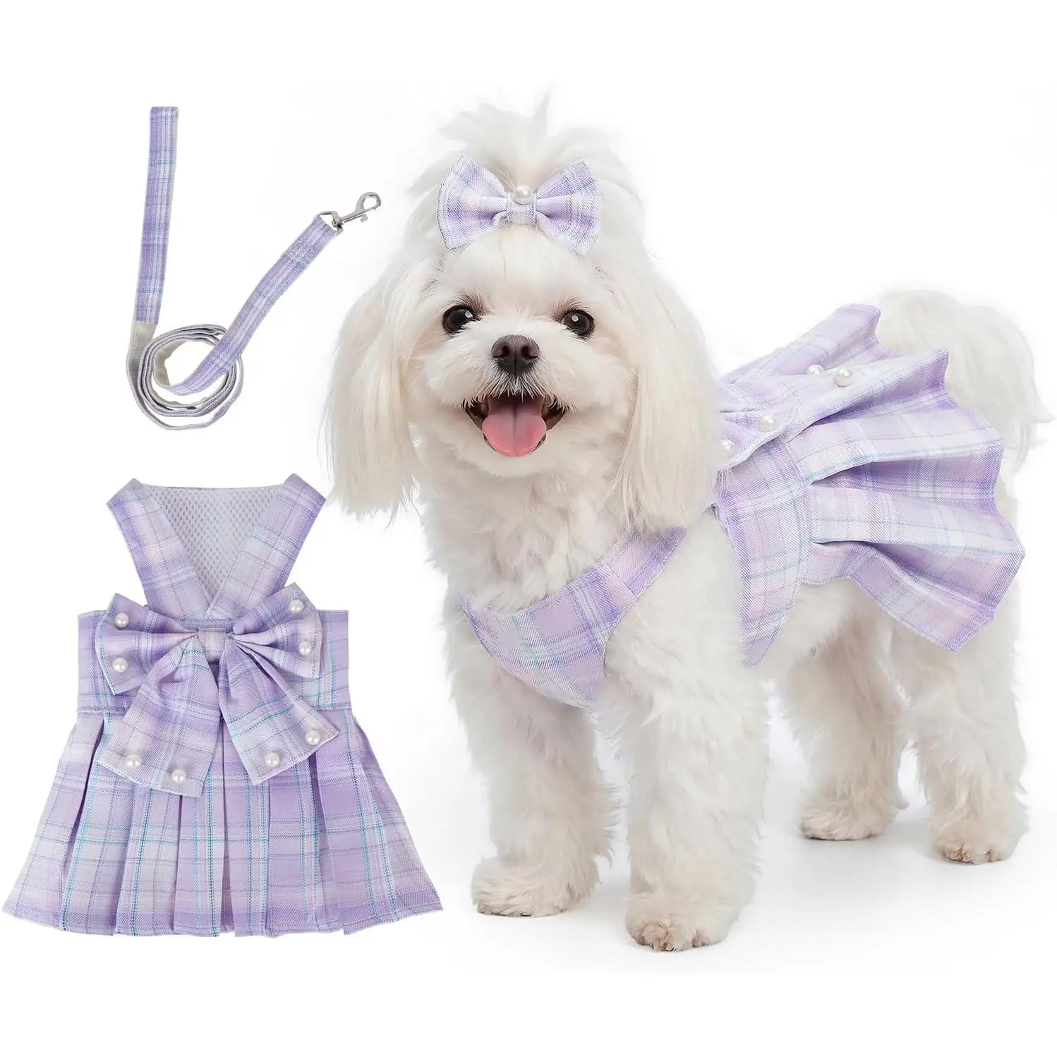 Cute   Dress Clothes for Small Dogs Cats Girl    Dress with  Bow Tie Harness Leash for Spring Summer Birthday Puppy Bunny  Yorkies Chihuahua Outfits