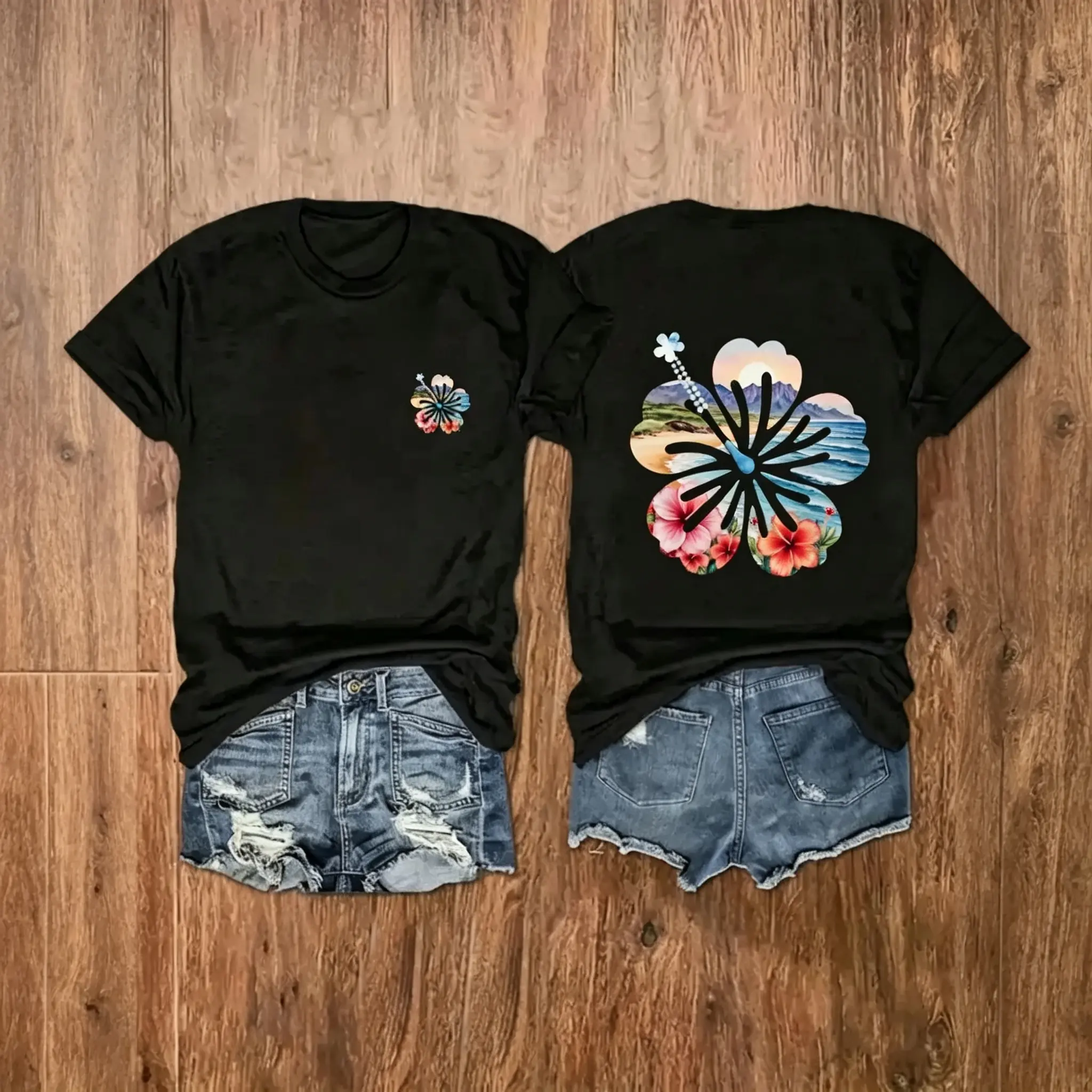 Beach Sunset Hibiscus Flower T Shirt Womens Cotton Graphic Tee Short Sleeve Summer Vacation Casual Breathable