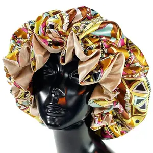 1pcs Women Satin Bonnet Cap Double Layer Silky Big Bonnet for Lady Printing Sleep Cap Head Wrap