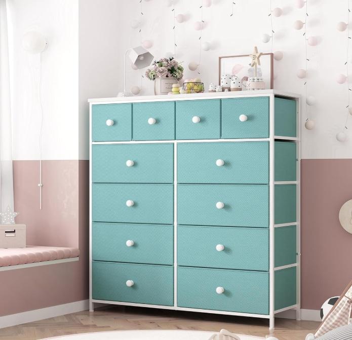 Dresser For Bedroom With 12 Fabric Drawers, Tall Dresser With Wooden Top & Metal Frame, Bedroom Dresser, Dressers & Chests Of Drawers, Room Decor, Home Deco, Festival Decor, Pink