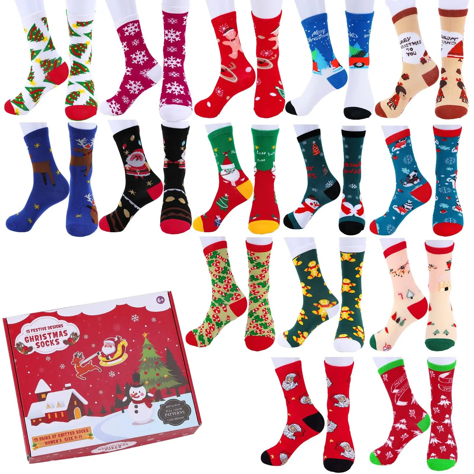 GARVEE15 Pairs of Cozy and Fun Christmas Socks Made from Soft Cotton Knit, One Size Fits All, Suitable for Men, Women, and Girls, Available in Multiple Colors, Perfect Holiday Gift