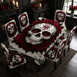 5/7Pcs Tablecloth and Chair Cover Set, Day of the Dead Sugar Skull Red Rose Gothic Baroque Print Dining Table Cover with Stretch Washable Chair Covers, Halloween Party Banquet Home Dining Room Decor