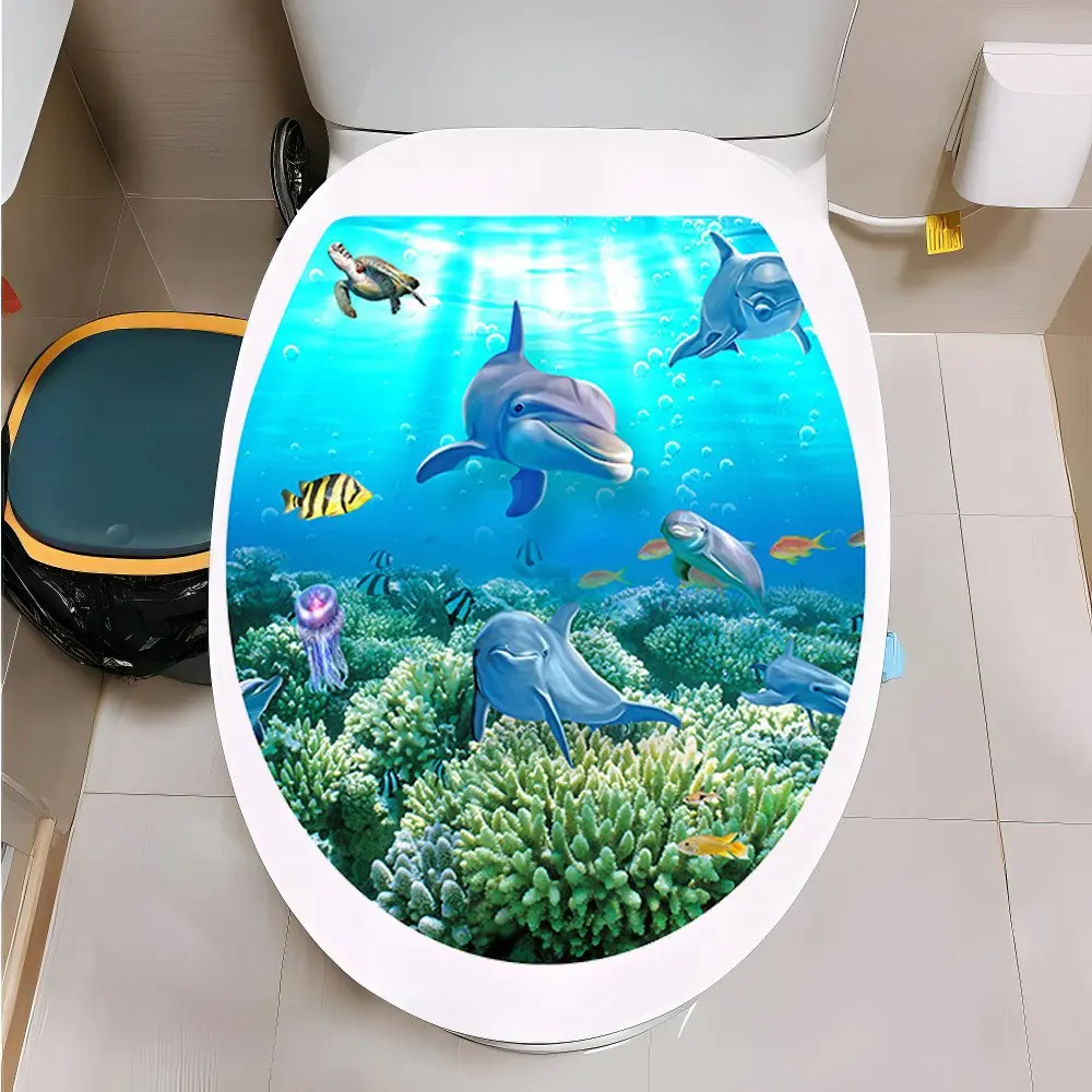 Cute Cartoon Dolphin and Turtle Toilet Lid Sticker, Self-Adhesive Bathroom Sticker, Fun Home Decor for Kids, Animal Pattern