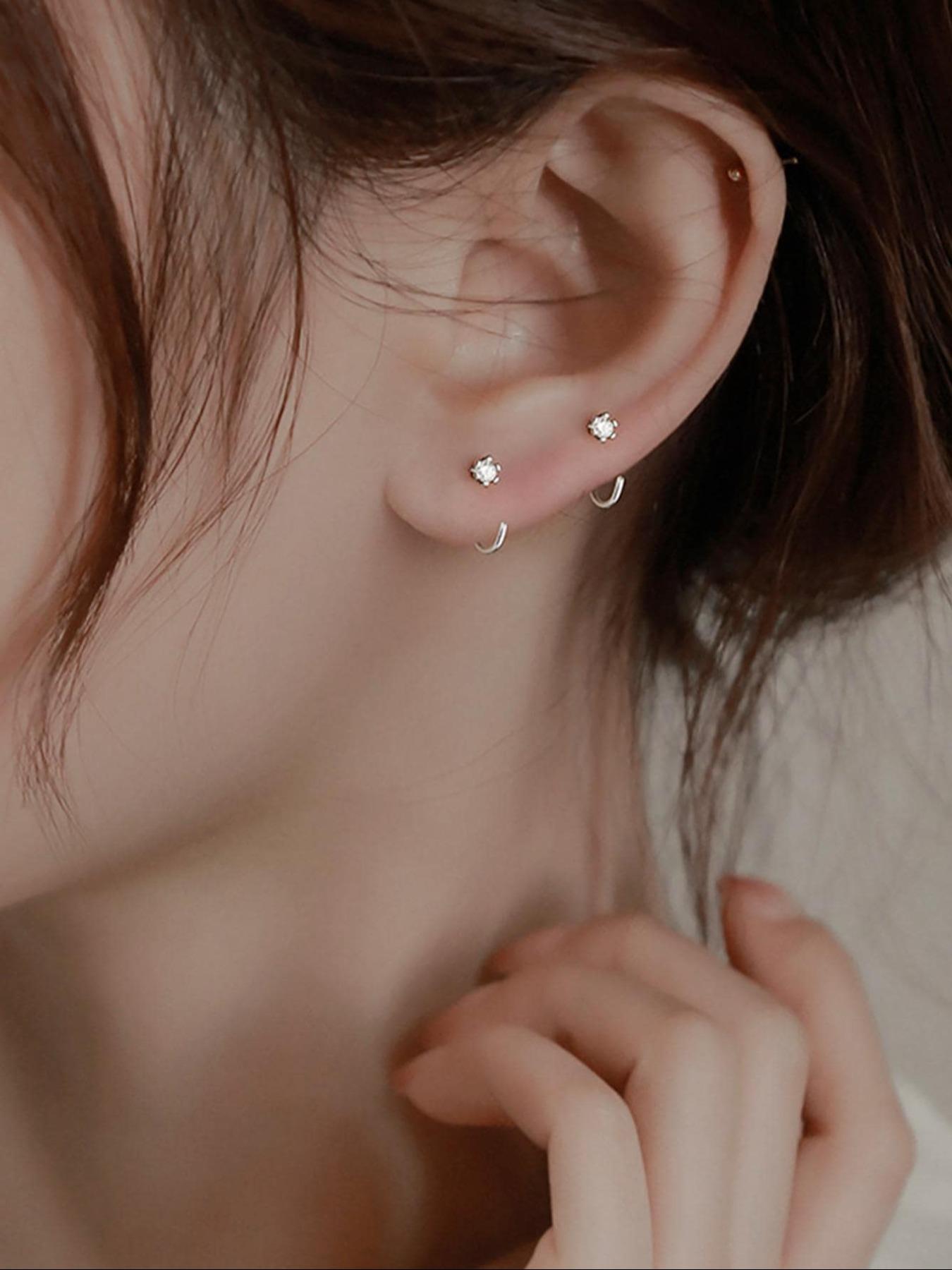 S925 Sterling Silver Rhinestone Decorated Earrings, Hoop Earrings, Stud Earring Jewelry, Fashion Jewelry for Women for Party, Daily Clothing Decor, Trendy All-match & Exquisite Jewelry for Birthday Gift, Elegant Minimalist Earrings