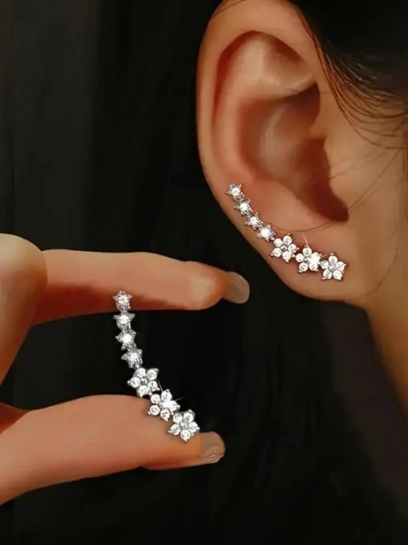 Pair Cascading Star Cubic Zirconia Drop Stud Earrings, Stainless Steel Gold Silver Rose Gold Three Tones, Long Vertical Star Cluster Linear Dangle Earrings, Tarnish Resistant Hypoallergenic Romantic Women Jewelry Gift, Dangling Earrings