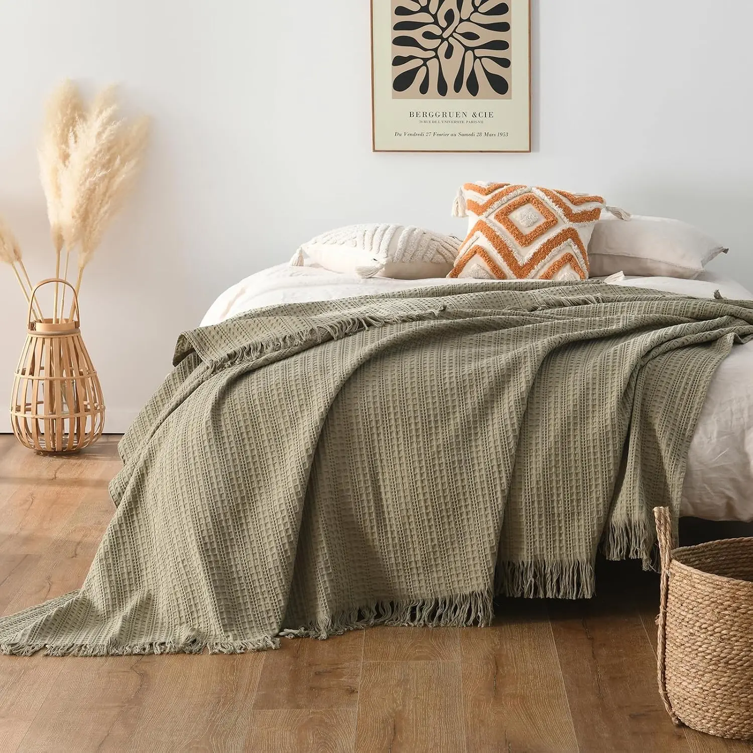 Waffle  Blanket with Fringe 104"x90", Pre-Washed Waffle Weave Blanket for  , Lightweight Breathable Soft Cozy Throw Blanket for Couch, Bed, Travel (Sage Green)