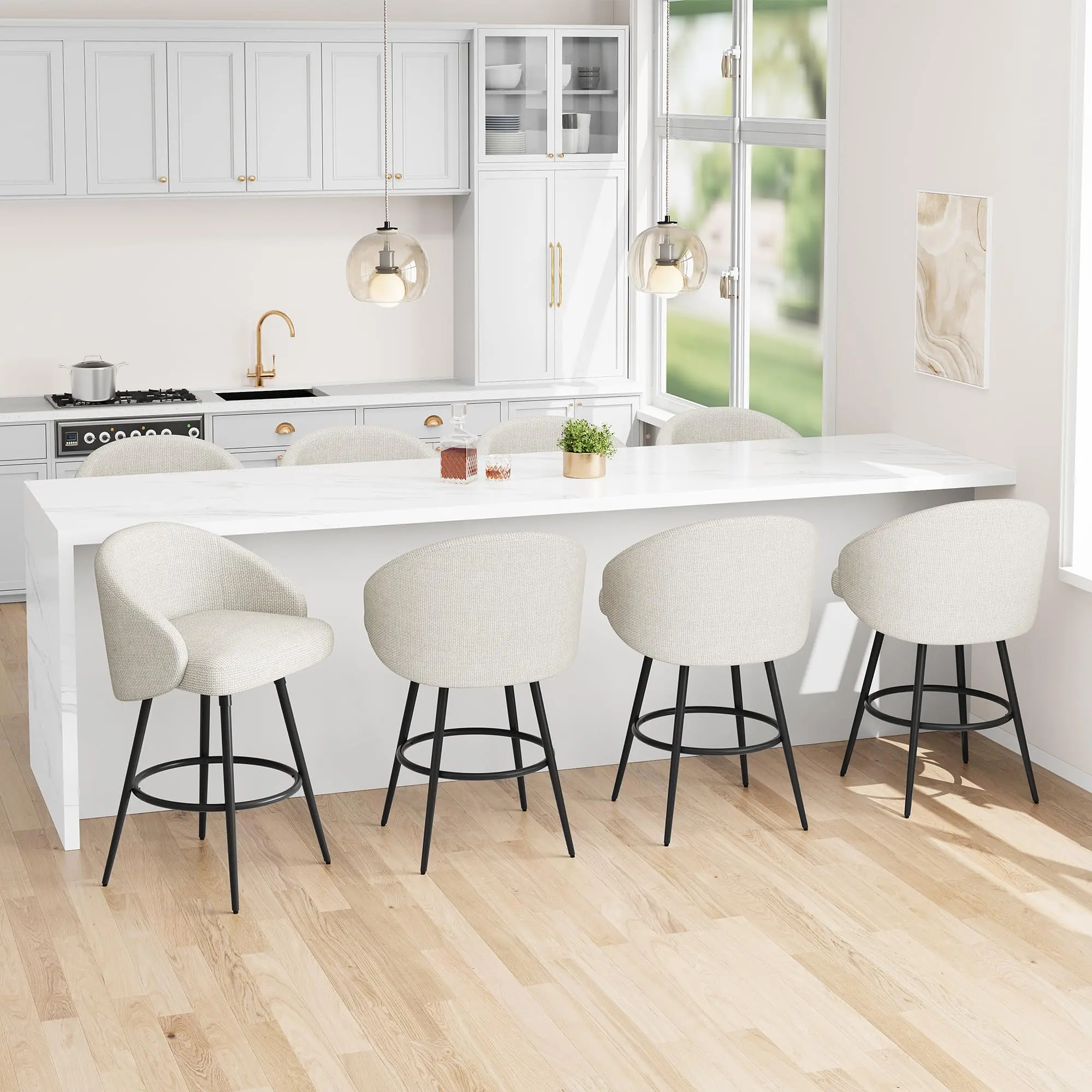 ✨ Garvee 360° Swivel Bar Stools Set of 4 – 25.4" Beige Linen Upholstered Counter Height Chairs with Backrest & Footrest, 350 lbs Capacity for Kitchen Island & Dining Room!