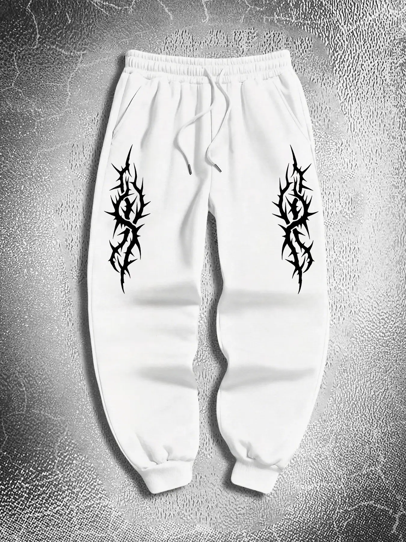 Black Jogger Pants with Symmetrical Barbed Thorn Print, Elastic Drawstring Waist Gothic Punk Streetwear Cuffed Sweatpants