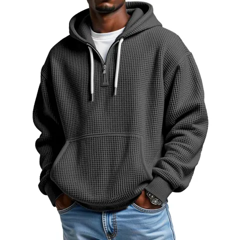 Autumn Winter Trendy Fashion Men's Tops Waffle Textured Hooded Sweatshirt Half Zip Adjustable Drawstring Design Roomy Kangaroo Pocket Soft Warm Fabric Loose Relaxed Cut Suitable Menswear Outdoor