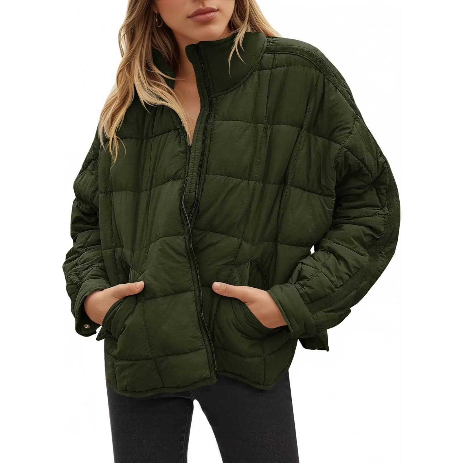Tankaneo Women's Oversized Lightweight Down Coat Long Sleeve Zip Packable Short Puffer Jackets
