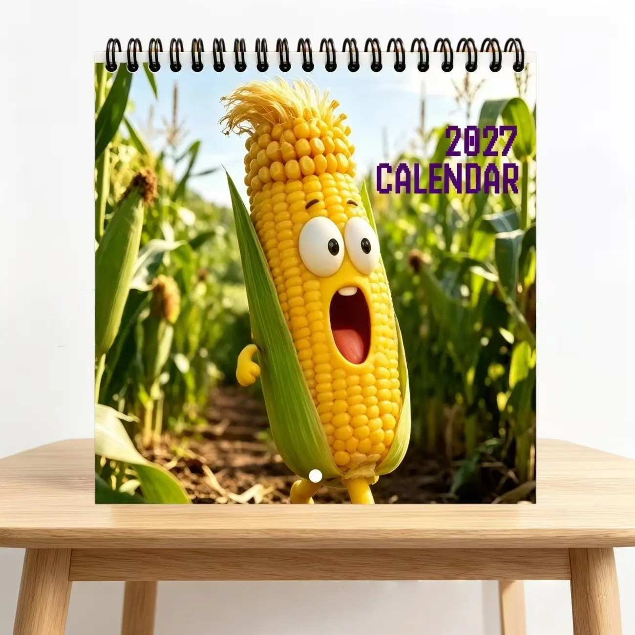 2027 Cartoon Corn Desk Calendar, Funny Anthro Corn Farm Table Calendar, Double Wire Spiral Flip Monthly Planner, Cute Farm Veggie Desktop Decor