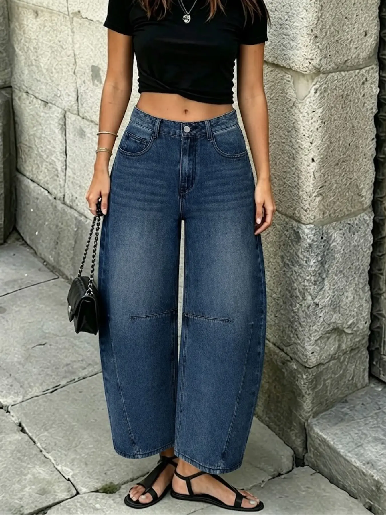 Women Dark Wash Barrel Jeans, Stitch Detail Button Ankle Length, Wide Leg Denim Jeans, Loose Baggy 9/10 Length, Casual Streetwear