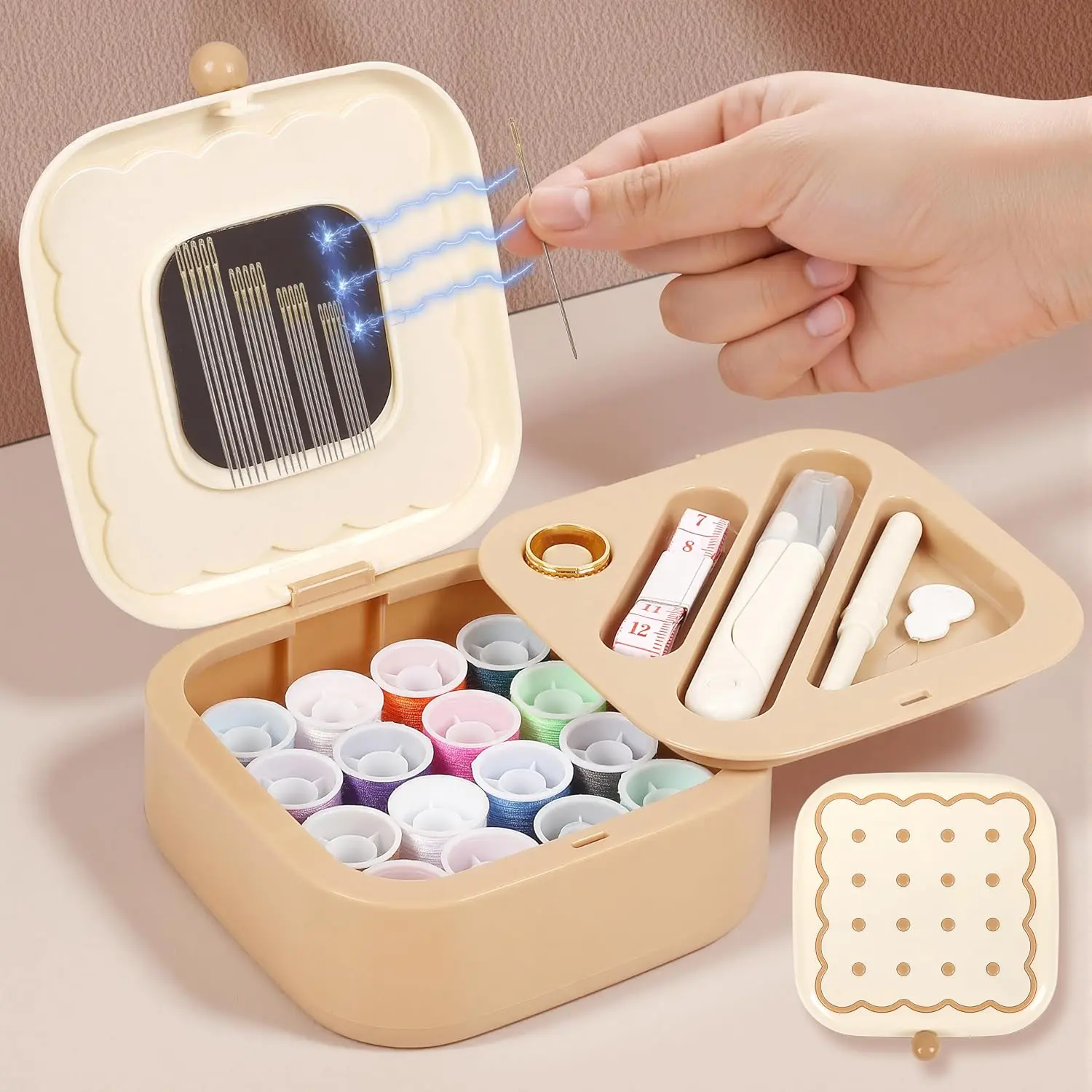 Small Sewing Kit Box: Cookie Design Portable 2-Layer Organizer   and Thread Kits Holder  Case - Travel  Clothes Repair for Adults (Beige)