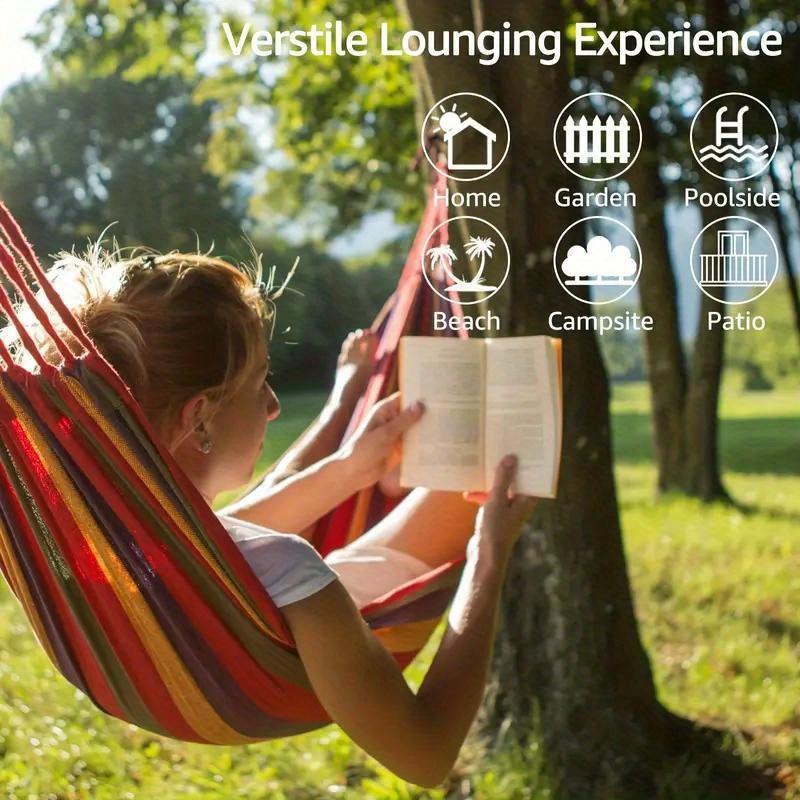 1 piece of 330-pound load-bearing anti-overturning color fabric hammock-with tree-friendly straps and portable storage bag, durable polyester material, essential for outdoor camping, indoor leisure, colorful design, weather-resistant fabric
