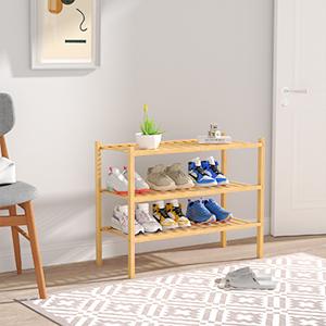 3 Tier Bamboo Shoe Rack for Closet Free Standing Wood Shoe Shelf Storage Organizer for Entryway Small Space Stackable 27"x11"x20" (Natural)