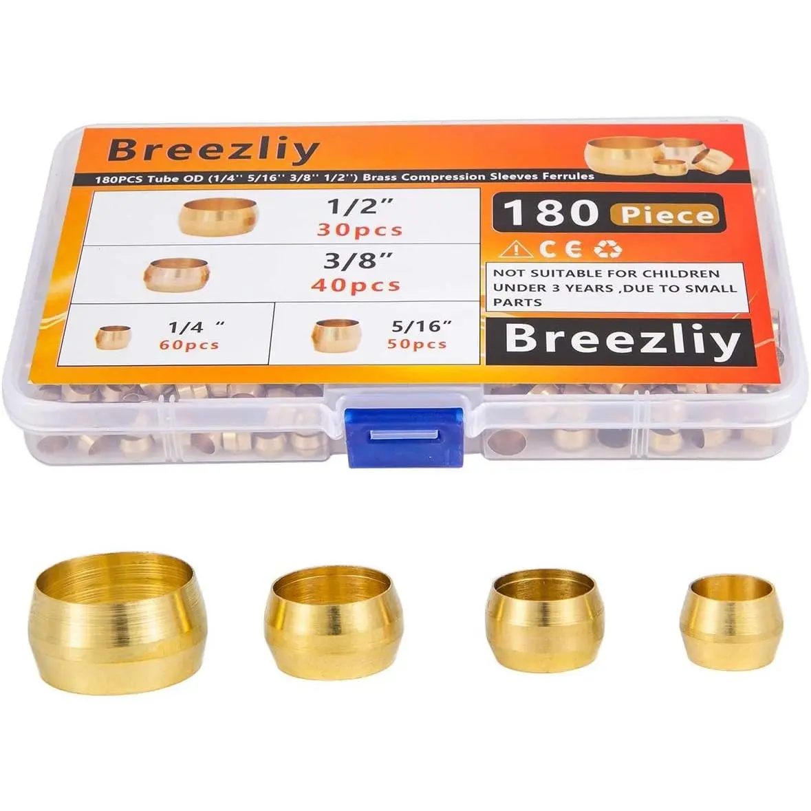 180PCS Tube OD（1/4" 5/16" 3/8" 1/2") Brass Compression Sleeves Ferrules,4 Sizes Brass Compression Fitting Assortment Kit