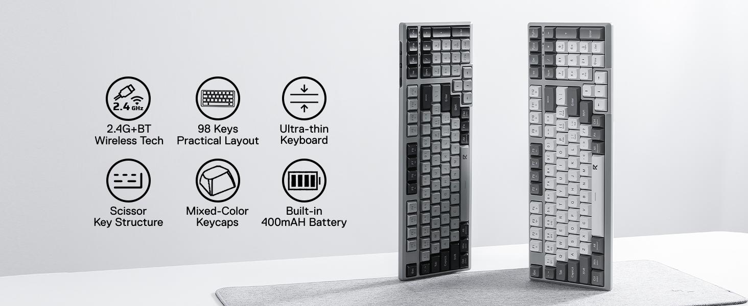Redragon BK7114 Low-Profile Wireless Computer Keyboard, 98 Keys Slim Office PC Scissors Mechanism Keyboard w/ 2.4G BT Wireless Connection, Tactile Quiet Keystroke, Mixed Color Keycaps