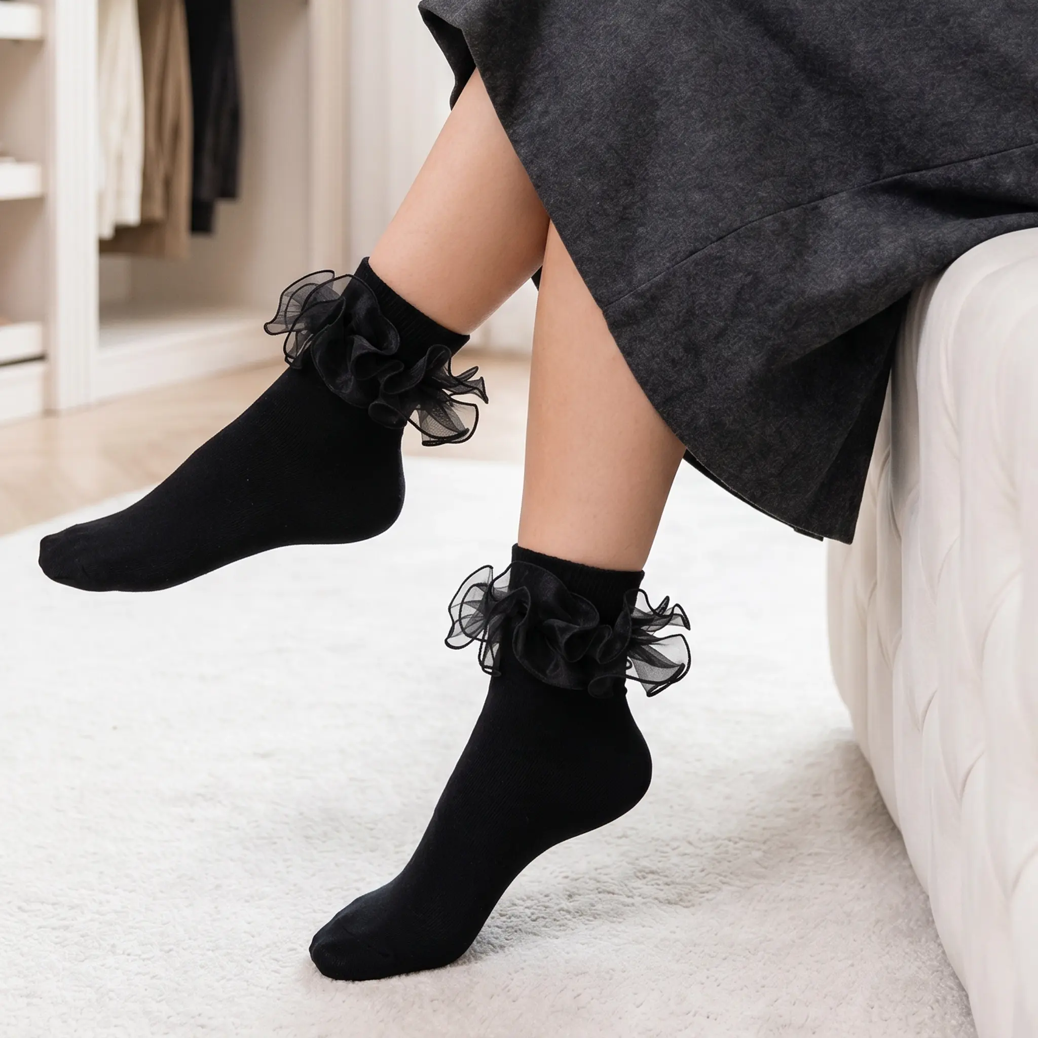 Women's Double-Ruffle Fold-Cuff Dress Socks