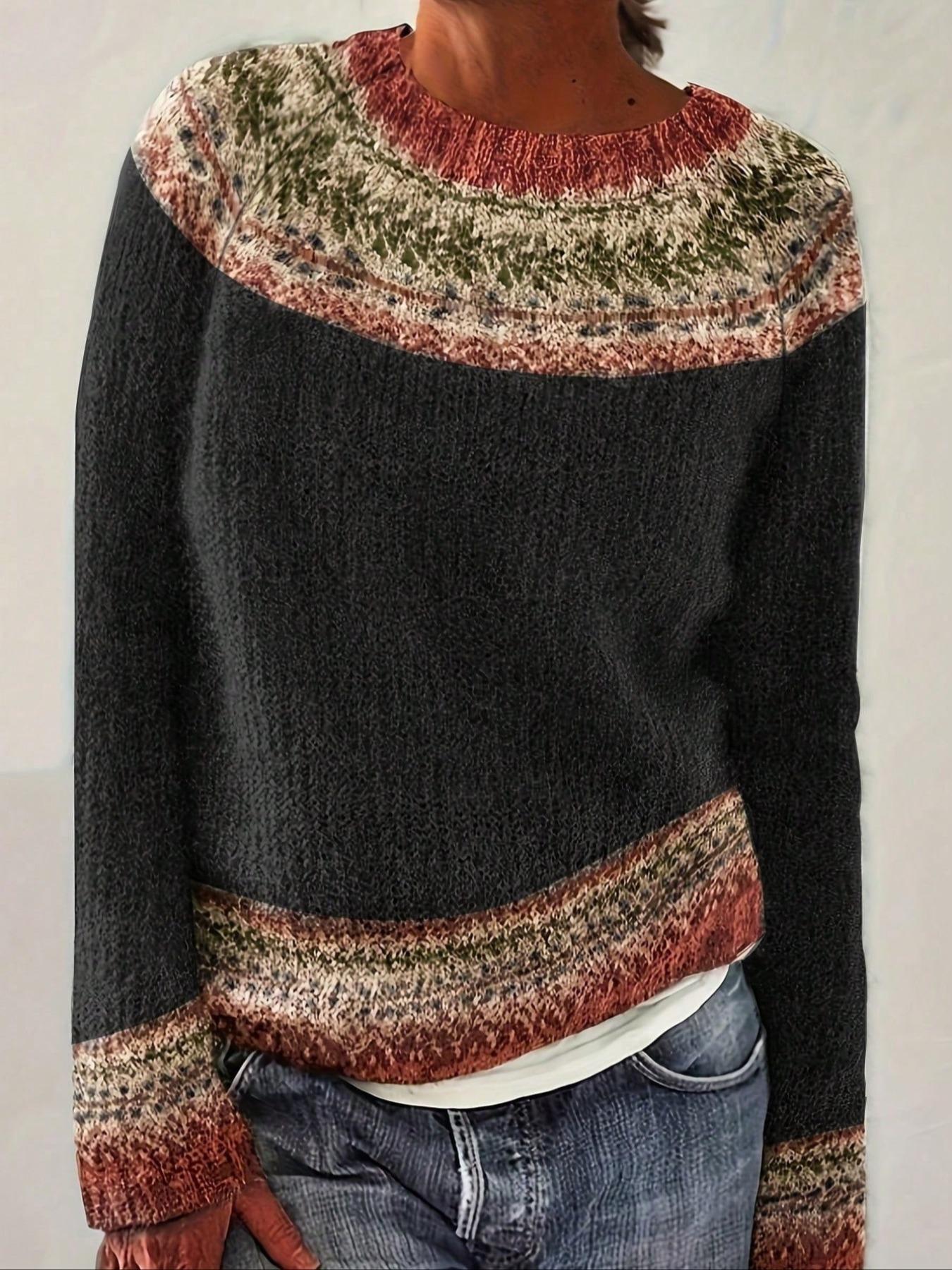 Women's Ethnic Pattern Raglan Sleeve Sweater, Casual Long Sleeve Round Neck Jumper for Fall & Winter, Fashion Ladies' Knitwear for Daily Wear Tops, Womenswear