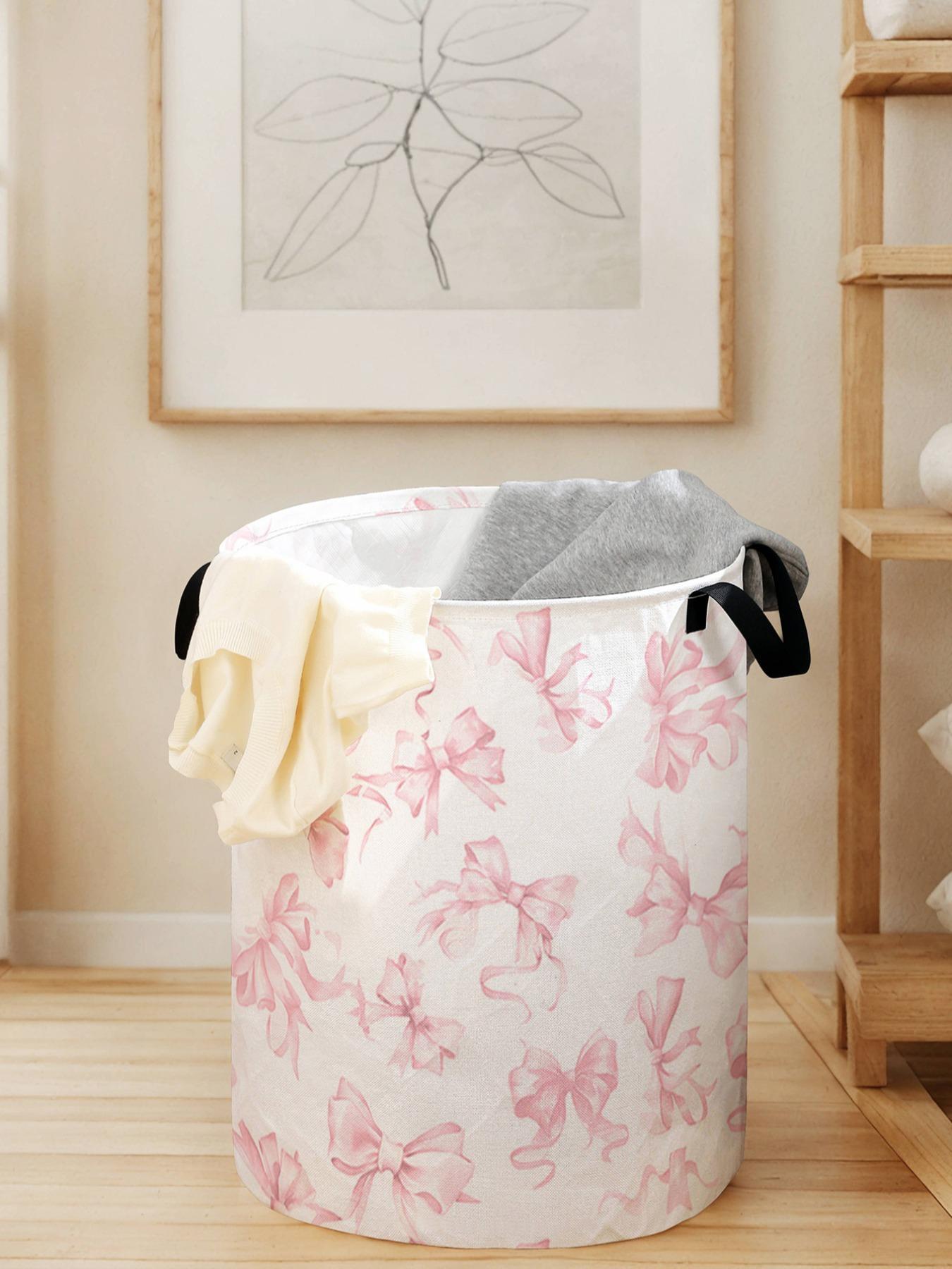 1 laundry basket, laundry basket with handle and printed bow pattern, household foldable laundry basket made of wear-resistant material, large capacity laundry basket, toy storage box