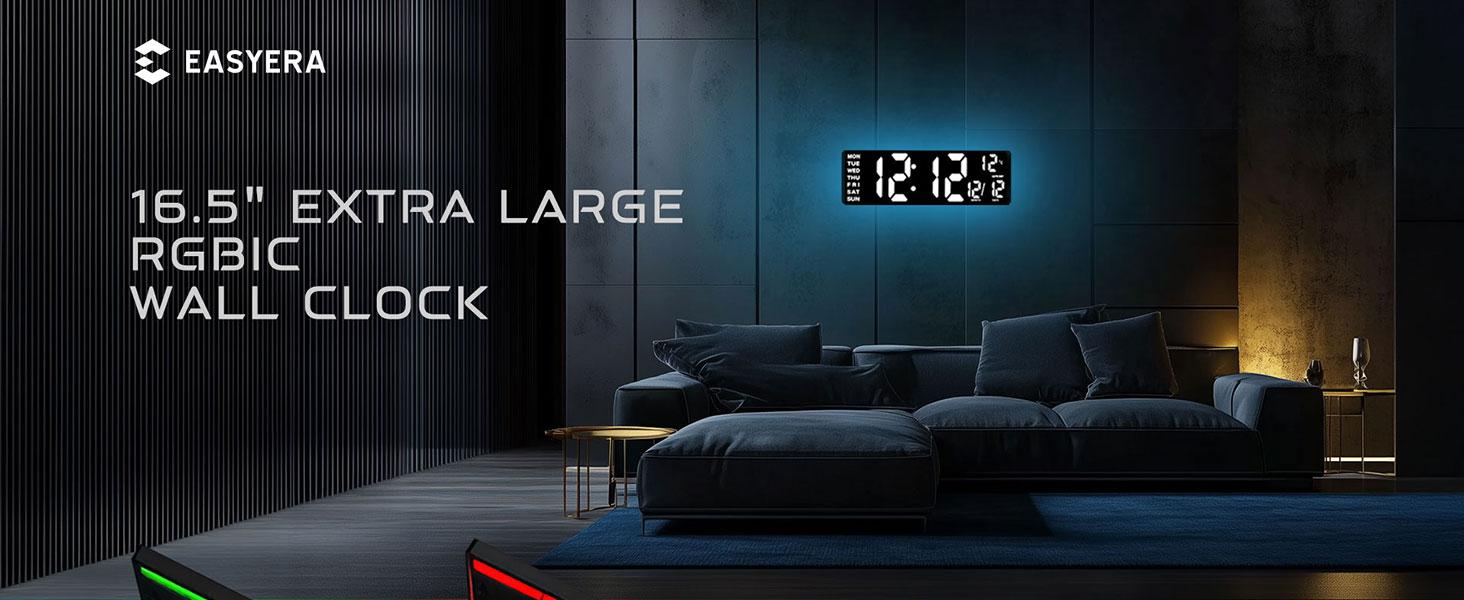 16.5" Large Digital Wall Clock with BT Sync, RGB Lights with 11 Scenes Mode Remote Control, Dual Alarms with Big LED Display, Auto DST, Temperature for Classroom Gaming