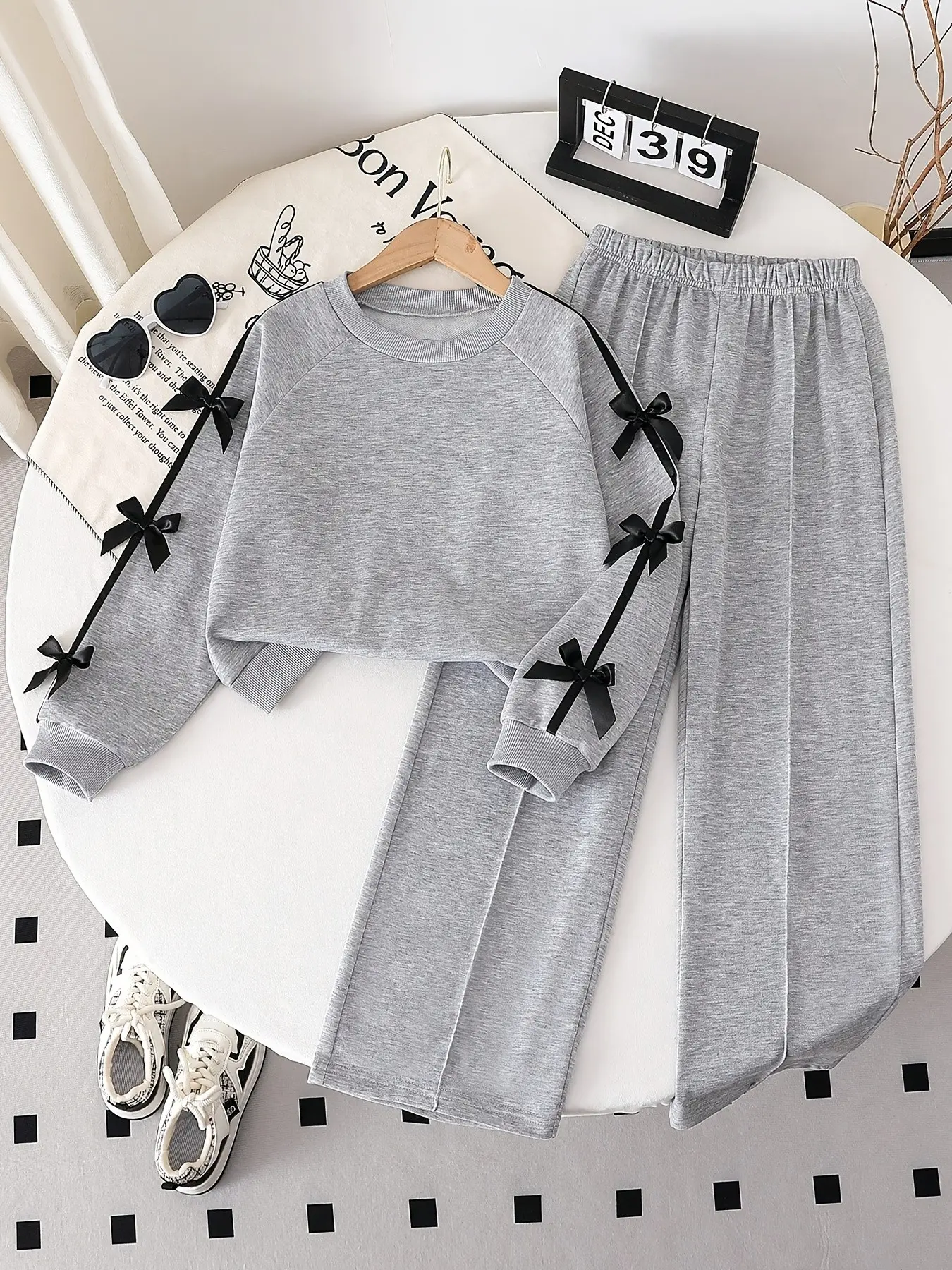Two-Piece Set, Girls' Fashion Bowknot Round Neck Long Sleeve Top and Wide Leg Pants, Casual/sporty, Spring/fall, Matching Outfits Set, Fashion Style Sets