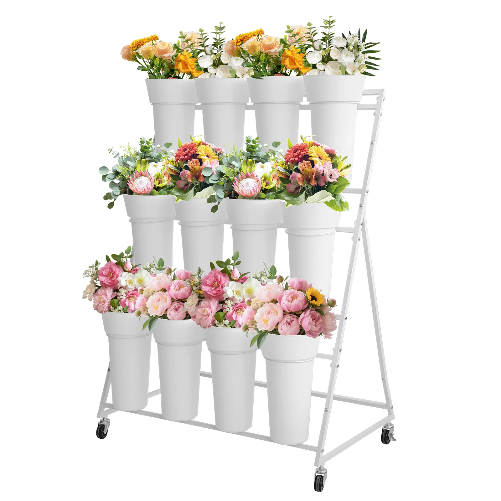 3-Tier Metal Flower Stand with 12 Buckets and Wheels – Multi-Layer Indoor & Outdoor Plant Rack, Mobile Garden Pot Holder for Flower Shop, Patio, Wedding