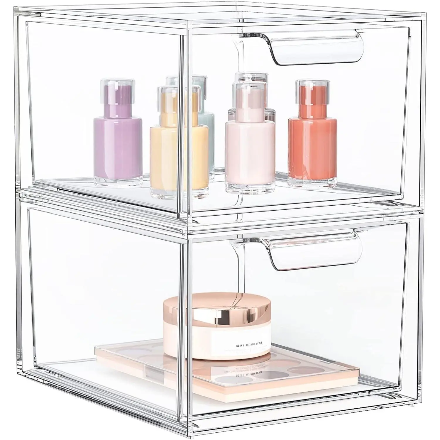 Stackable Makeup Organizer, 2-Pack Dustproof Storage Drawers with Pull-Out Handles for Vanity Countertops, Plastic, Office, Transparent, Multifunctional, Durable Makeup Storage, With Compartments, Beauty Products, Expandable Makeup Storage