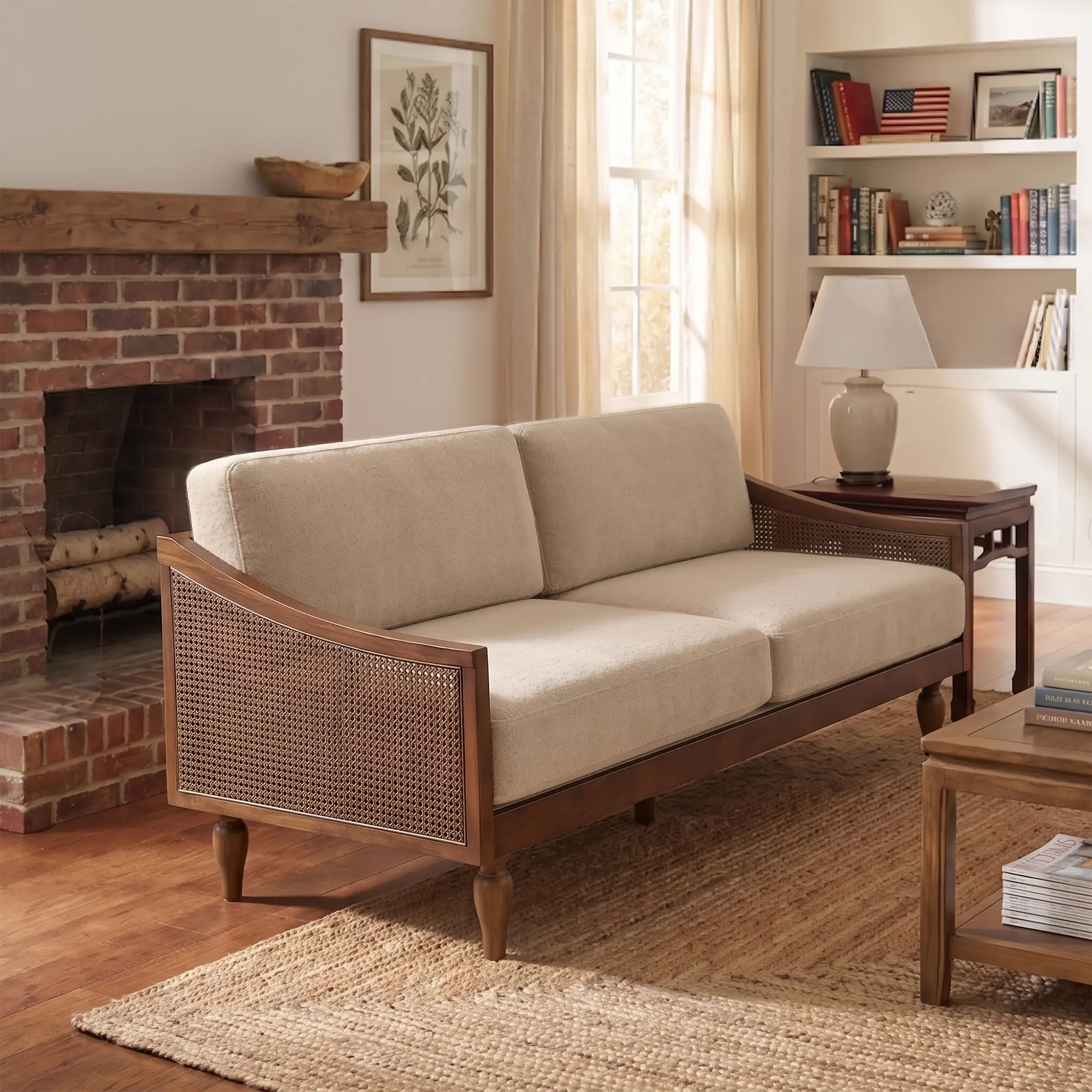 Nokaa 70.9" Mid-Century 3-Seater Solid Wood Legs Sofa Couch - Soft Chenille Upholstery, Rattan Armrests, Cushion Back, Rolled Arms, Foam Filling, for Living Room, Apartment, Light Brown, Three Seats