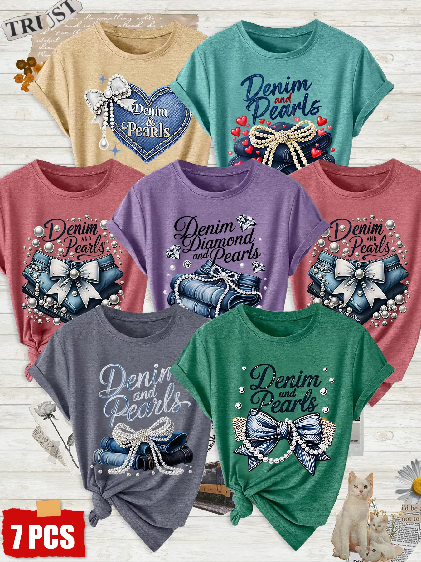 7 Pack Women Crew Neck Short Sleeve Tees, Pearl Lady Gem Prints Refer To Pictures, Multi-color Available, Machine Washable, Spring & Summer Blouses, Soft Skin-friendly Fabric, Daily All-match, Exquisite Fashion Design
