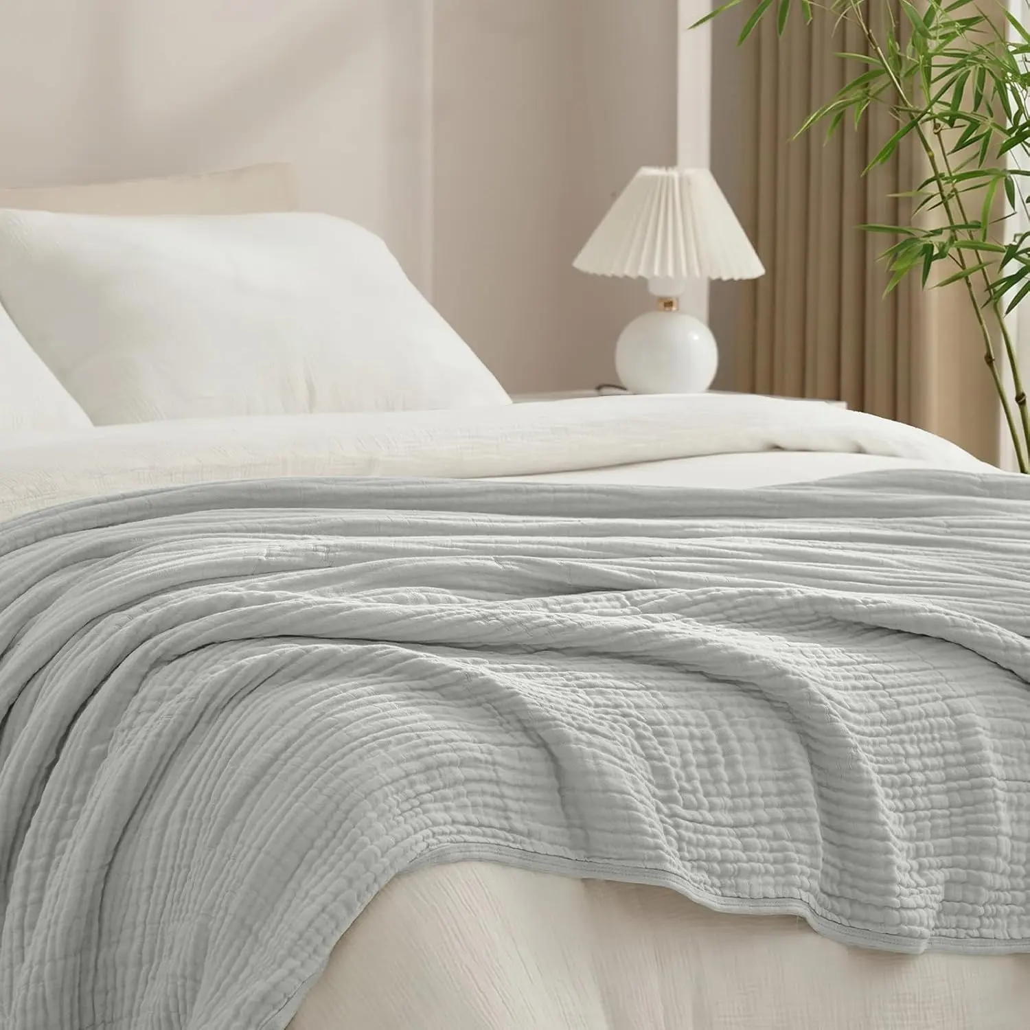 Cooling Muslin Blanket  Size 90"x80", 6-Layer Lightweight Gauze Blanket Made from 35% Rayon Derived from  & 65% , Breathable & Ultra Soft Cozy for Hot Sleepers, Harbor Mist