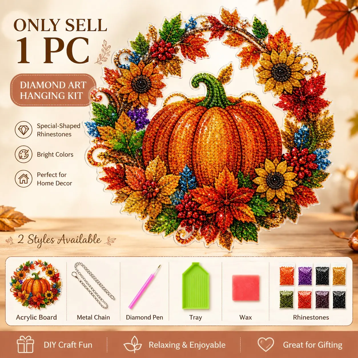 1 PC Halloween Diamond Art Hanging Kits, Halloween Art DIY Kit, Autumn Pumpkin Harvest Wreath Suncatcher Ornament, Acrylic Gem Painting Board with Tools for Door, Window, Wall Decor, Seasonal Craft and Gift Giving