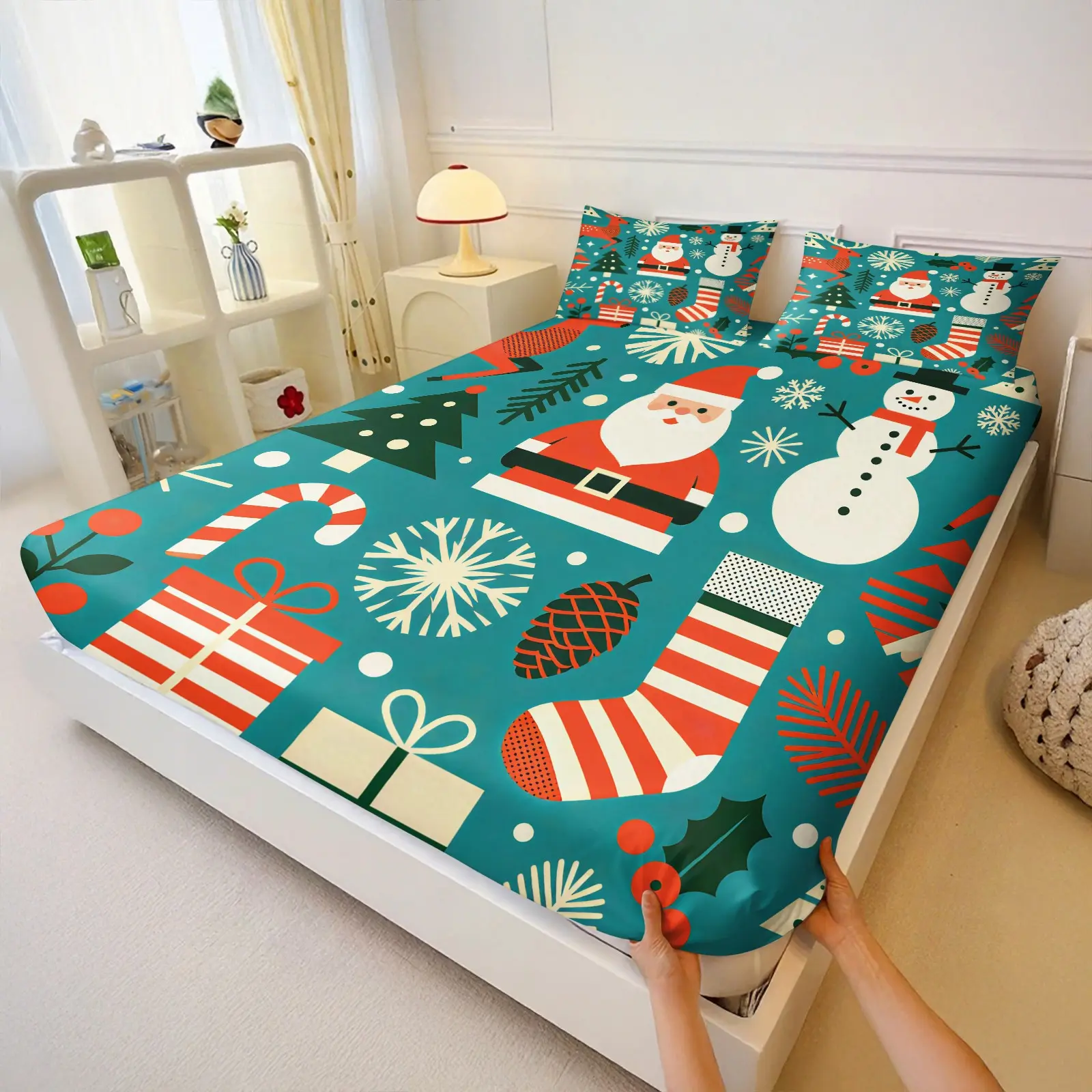 3Pcs Ice Christmas Fitted Sheet Set, full snow pine gift snowman print, wide elastic band moisture-absorbing mattress cover